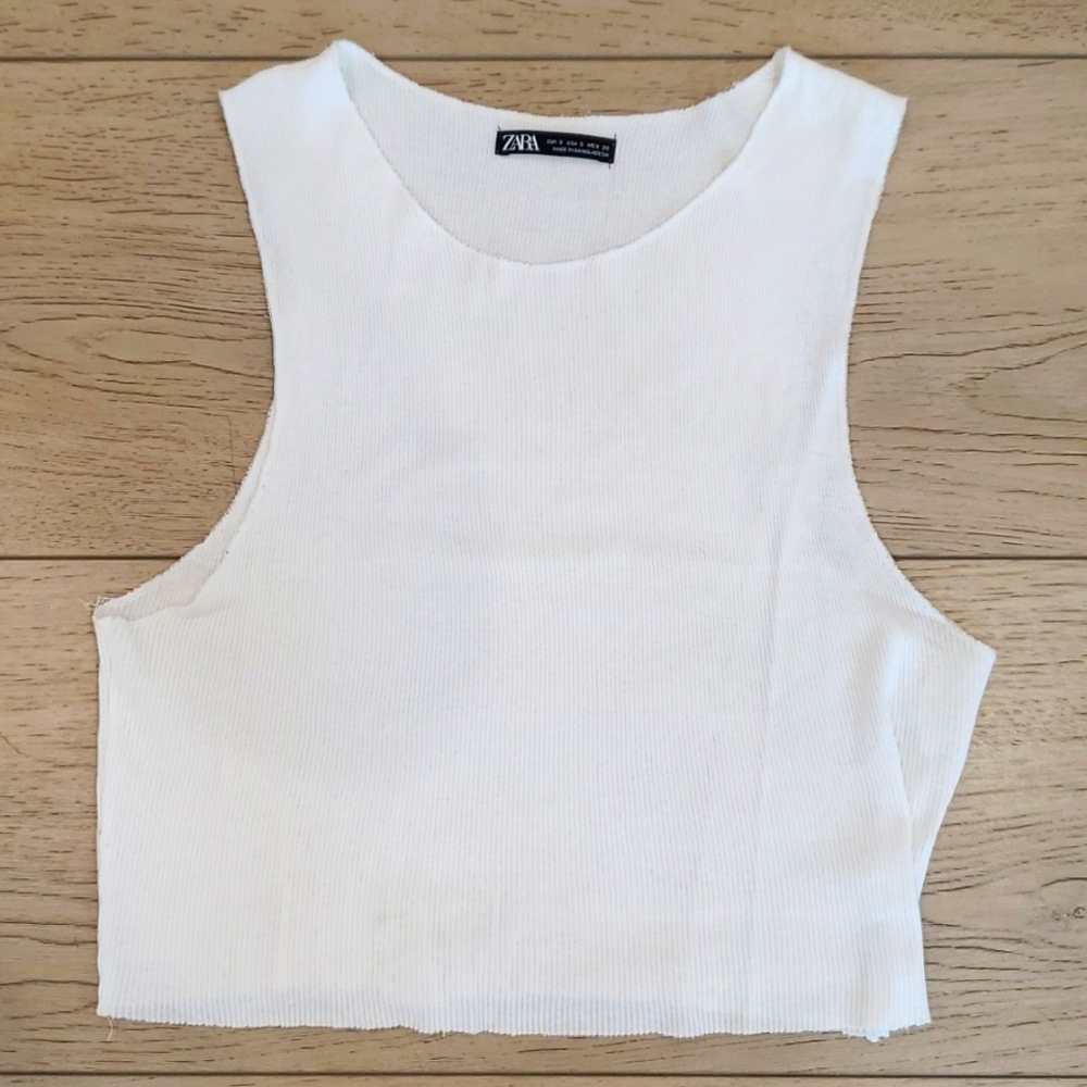 Zara White Ribbed Cropped Tank Top - Picture 2 of 6
